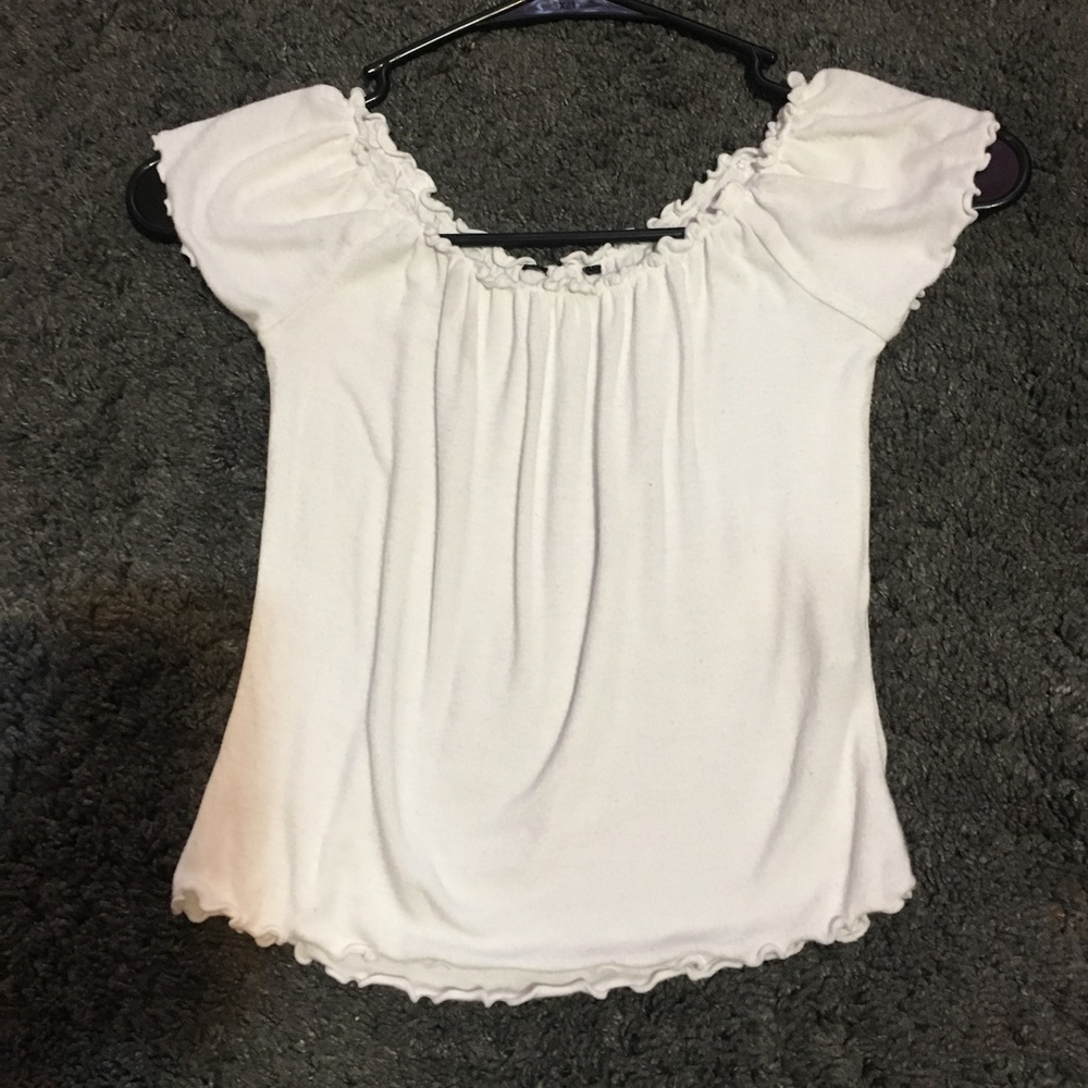 White off the shoulder cropped lettuce edge top
